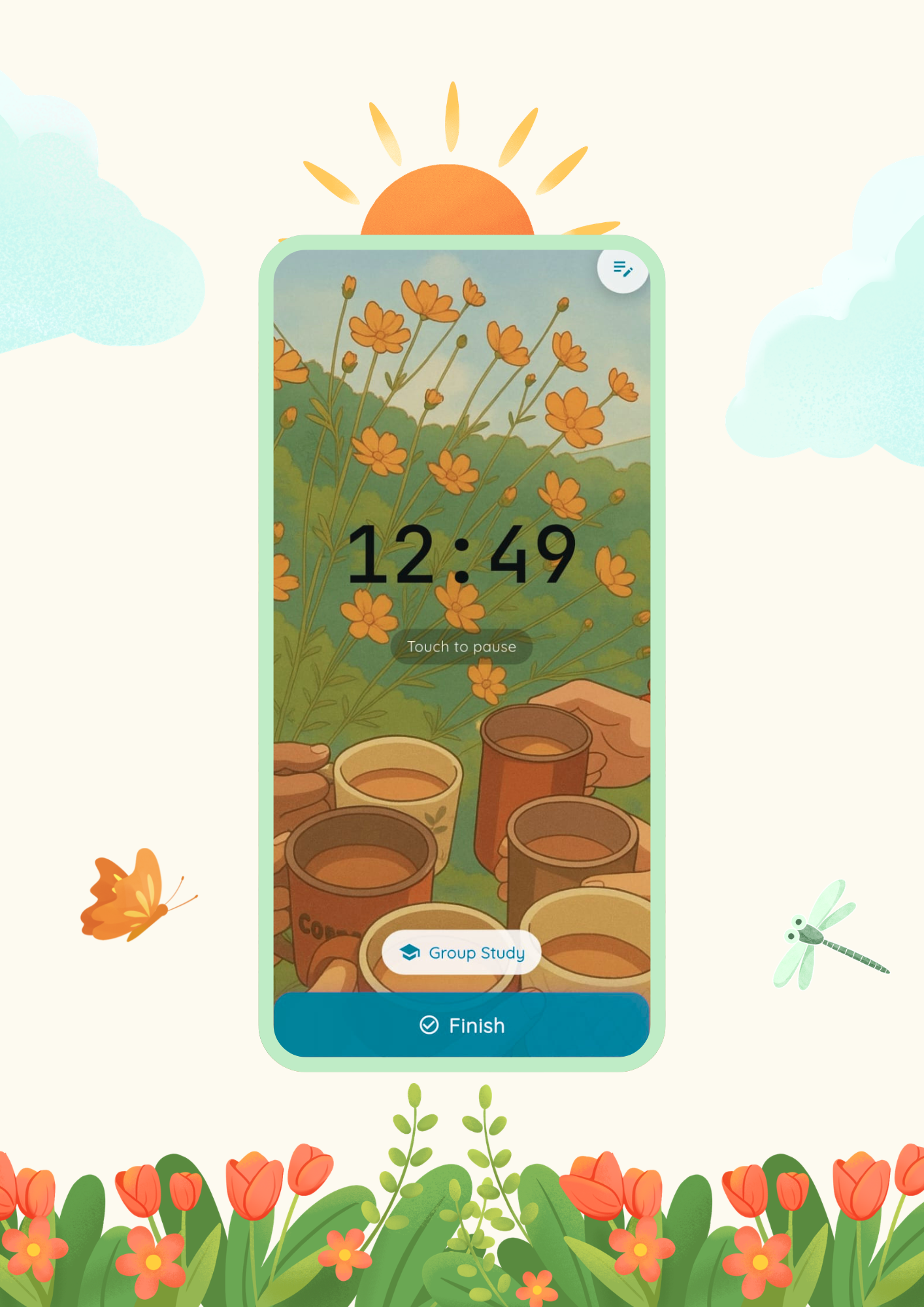 Focus Timer with watercolor garden theme